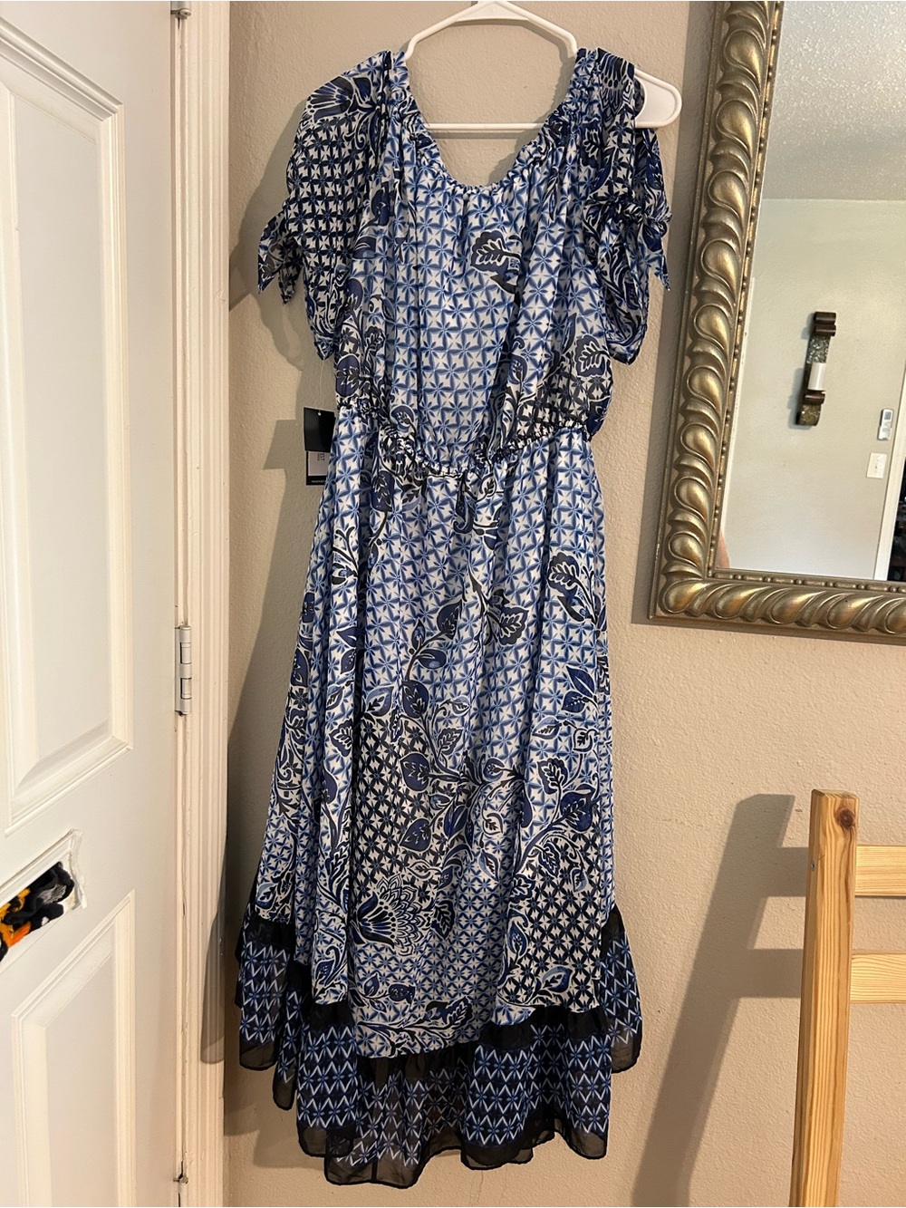 Nine West Blue & White Patterned High-Low Ruffle Dress - Picture 2 of 8